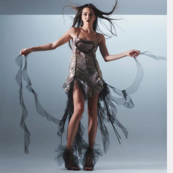 New AMOR MIA Mirrored Heart Dress in Gold & Black metallic asymmetrical mini - Picture 1 of 9